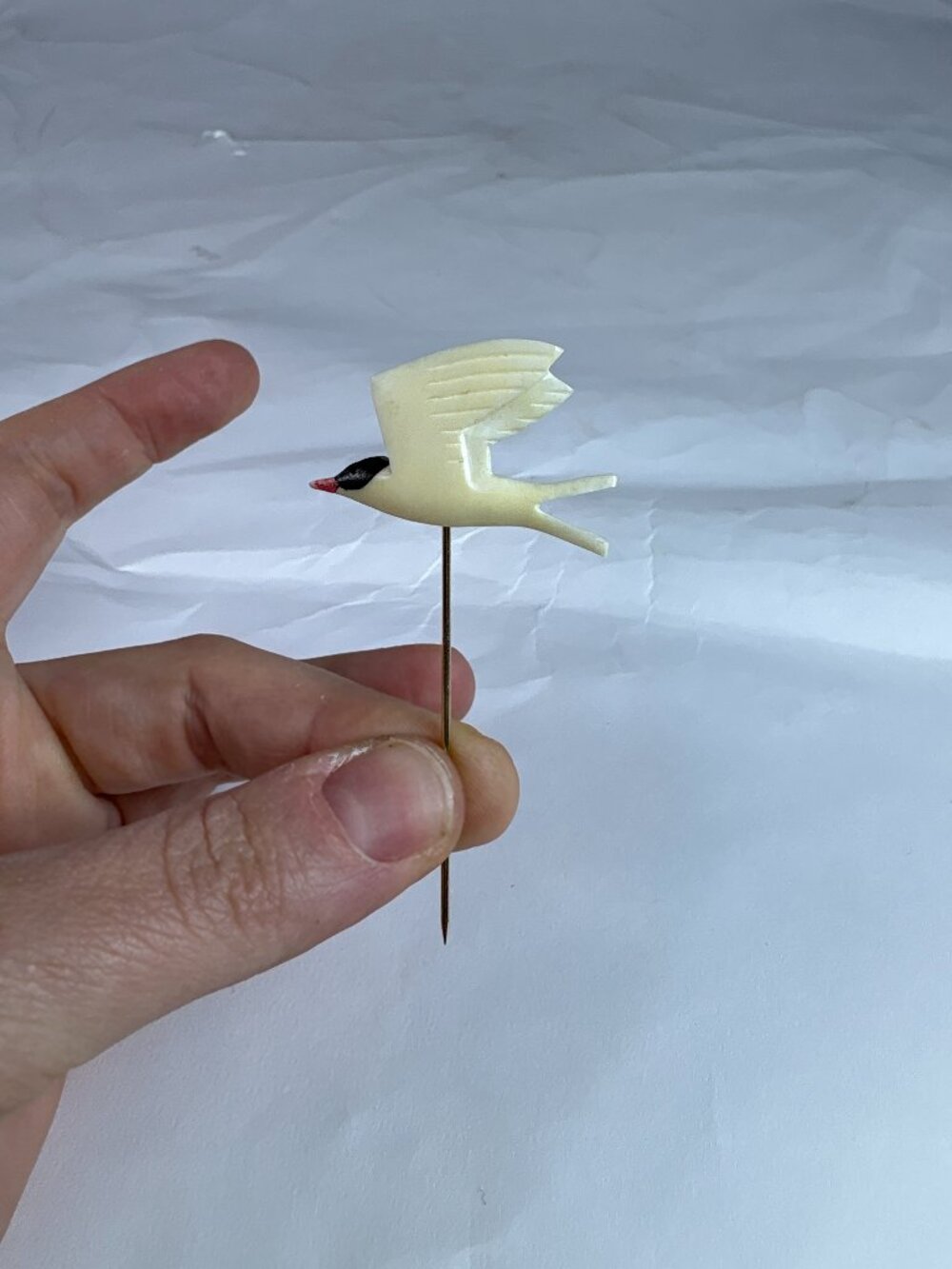 Signed Rita Mayac Hand Carved Flying Bird Stick Pin Tagua Folk Art Vintage Bird
